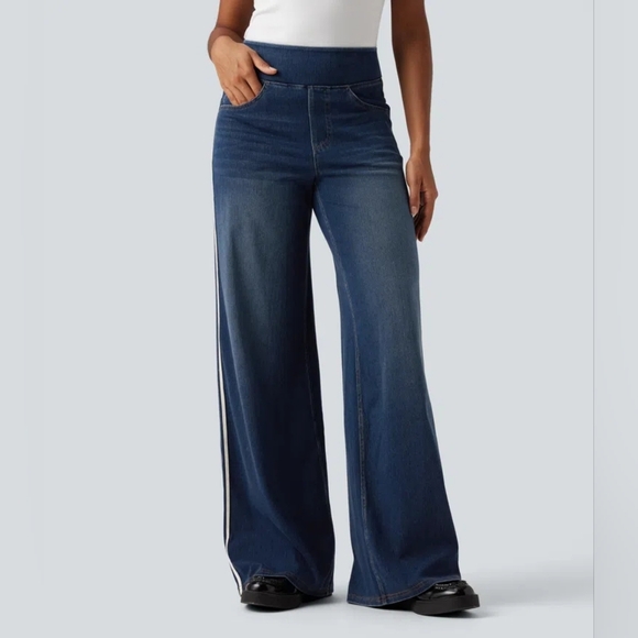 NWOT Halara Flex High Waisted Stripe Wide Leg Flowy Washed Casual Jeans Size LR - Picture 3 of 9